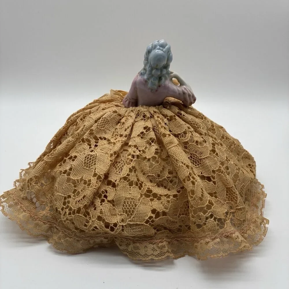 Vintage German porcelain half doll needle and pin cushion with lace dress 8